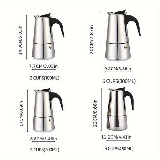Stainless Steel Moka Pot, 2/4/6/9-Cup Stovetop Coffee Maker with Cleaning Cloth