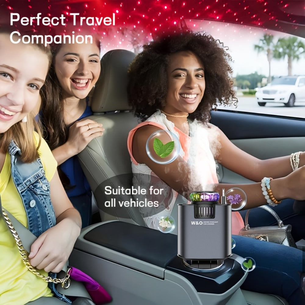 Car Charger with Perfume 3-in-1 Fast Charging AromaRelax Starlight Projector Retractable Cable USB-C & Lightning for iPhone 16 15 14 13 12, Samsung Galaxy Android – Blue Red, Flower Heart Shangri-la Cologne Styles