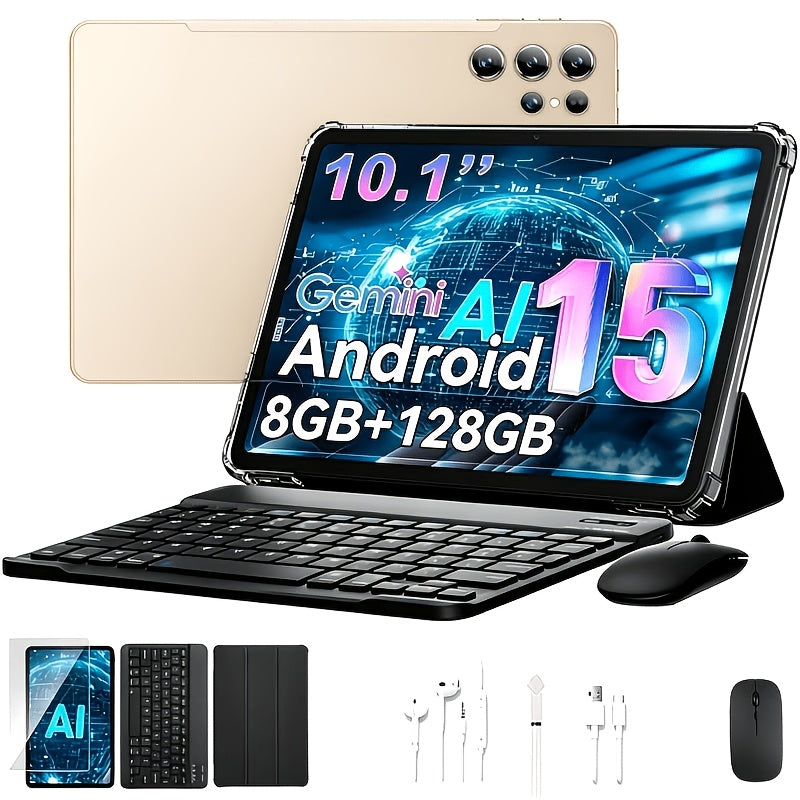 Android 15 Tablet 10.1 Inch 8GB RAM 128GB ROM – 8000mAh Battery, 1280x800 HD Display, 5MP+16MP Dual Camera, Stereo Speakers, WiFi, with Keyboard Case Mouse Stylus USB Cable