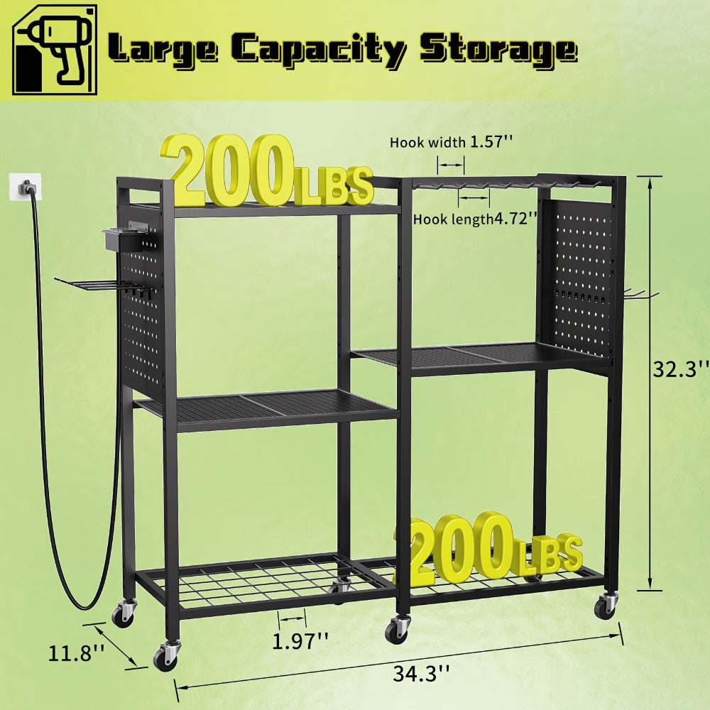 Mobile Tool Cart with Charging Station – 12 Drill Holders & 5 Storage Shelves Power Tool Organizer | Rolling Utility Rack Toolbox with Battery Charging Power Strip for Garage & Workshop | 4 Colors