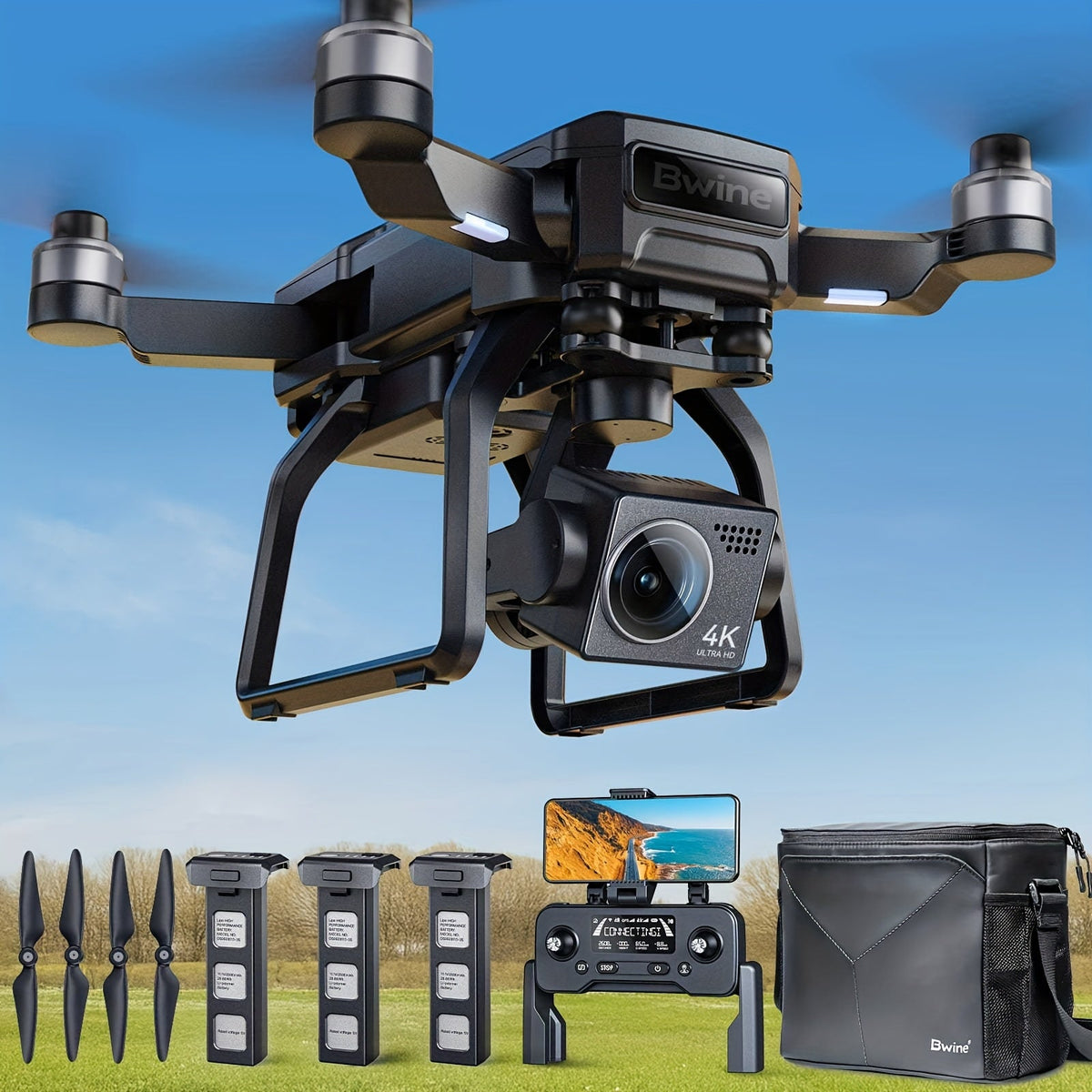 Bwine F7GB2 4K GPS Drone with 3-Axis Gimbal – 8.2MP Ultra-HD Camera 50-Min Flight Time 3.2KM Range Level 6 Wind Resistance FAA Remote ID Compliant Route Planning Gift for Adults Photographers 2 or 3 Batteries