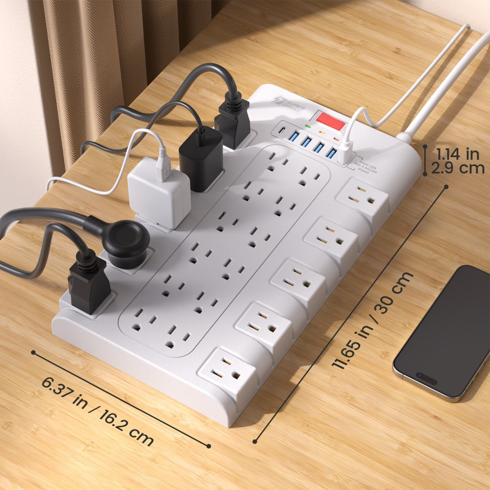 Surge Protector Extension Cord Flat Plug 2100 Joules with Control Switch Status Indicator Wall-Mountable Multi-Outlet Power Strip 28-in-1 22 AC or 8-in-1 4 AC with USB Ports Multiple Length Options for Home Office – Black