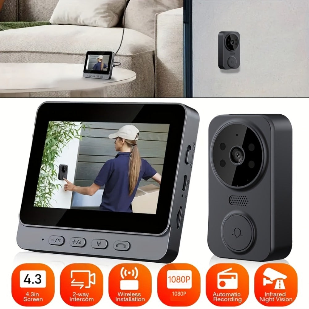 Wireless Video Doorbell Camera No WiFi No App Required 4.3-inch IPS Monitor 960P Night Vision Two-Way Audio Long Battery Life SD Card Storage No Subscription Wall-Mounted Home Security