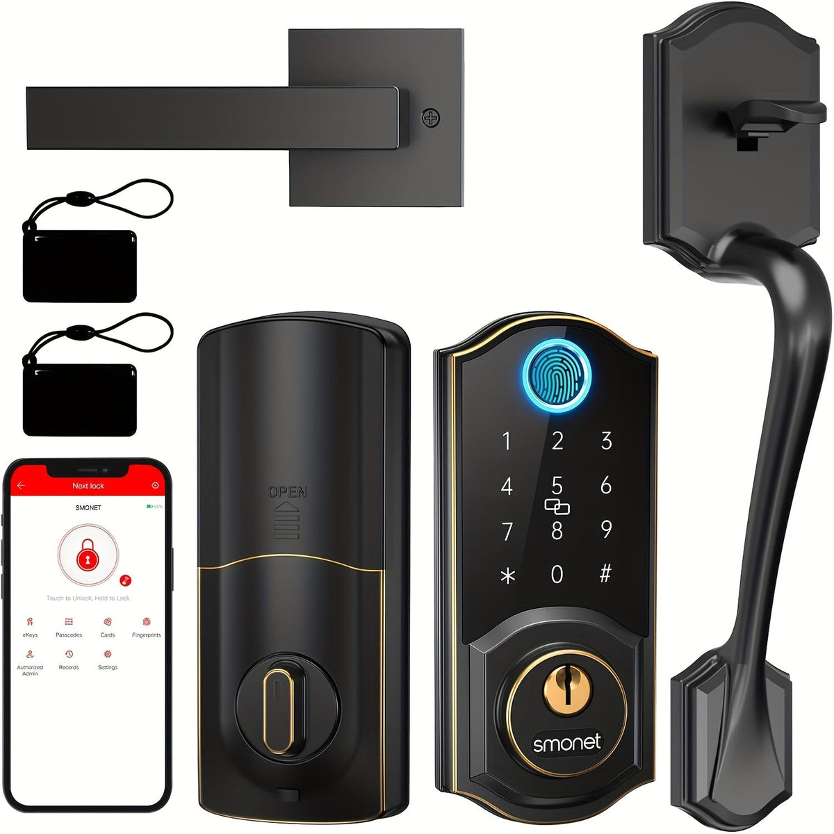 SMONET Smart Deadbolt Lock Set with Handle - Fingerprint, Bluetooth App & Keypad, Auto-Lock, Keyless Entry for Home, Office, Airbnb & Hotel, Oil Rubbed Bronze, Black & Silver