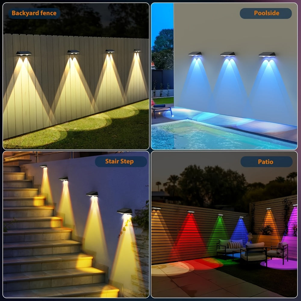 Solar Fence Wall Lights Multicolor LED 9 Modes - Smart Dusk to Dawn Sensor Auto On Off Convex Lens Waterproof for Garden Yard Patio Deck Porch Holiday Christmas Halloween Decoration 4 or 8 Pack