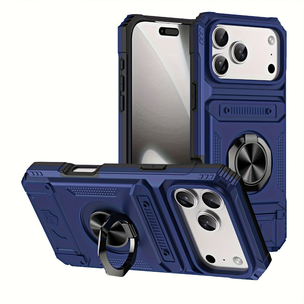iPhone Card Slot Shockproof Case with Ring Holder & Kickstand – Wallet Phone Cover for iPhone 17 17 Air 17 Pro Max 16 15 14 13 12 11 Pro Max Plus Mini | Heavy Duty Drop Protection