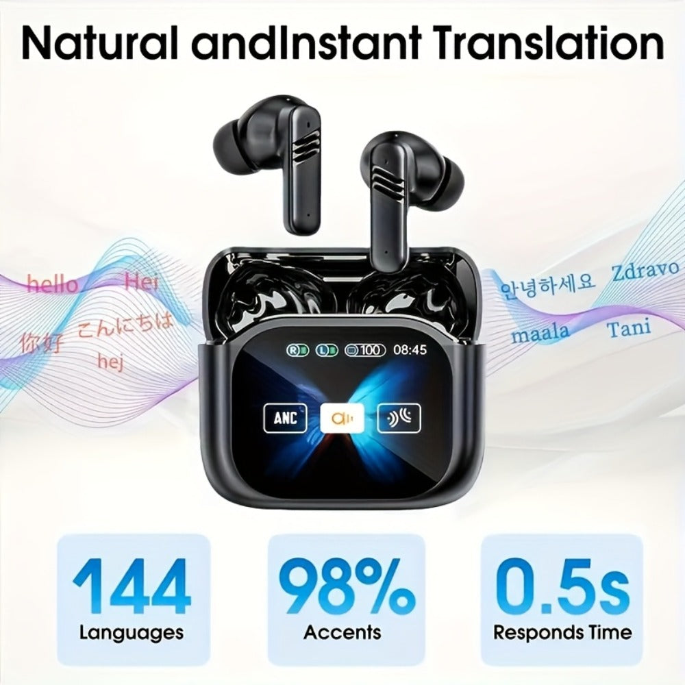ENC Translation Earbuds Wireless 5.4 Real-Time Language Translation In-Ear Noise Cancellation Full-Color Touch Display Stereo Audio Type-C Charging Black White