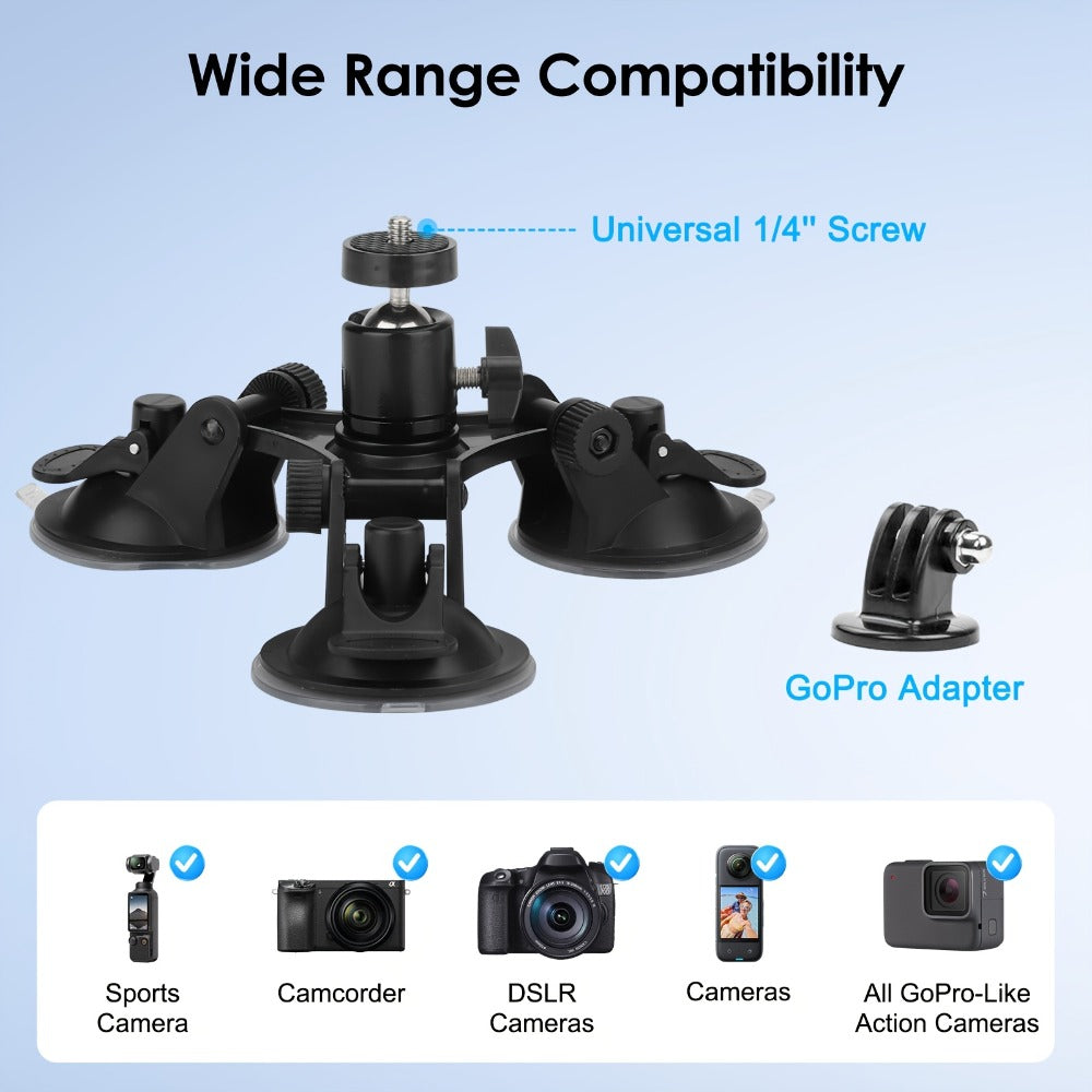 Suction Cup Camera Mount with 3 Bases – Universal 360° Ball Head Car Camera Holder for GoPro Hero 10 9 8 7, Action Cameras, DSLRs & Camcorders, Quick Release, ABS, Smooth Surface Secure Grip