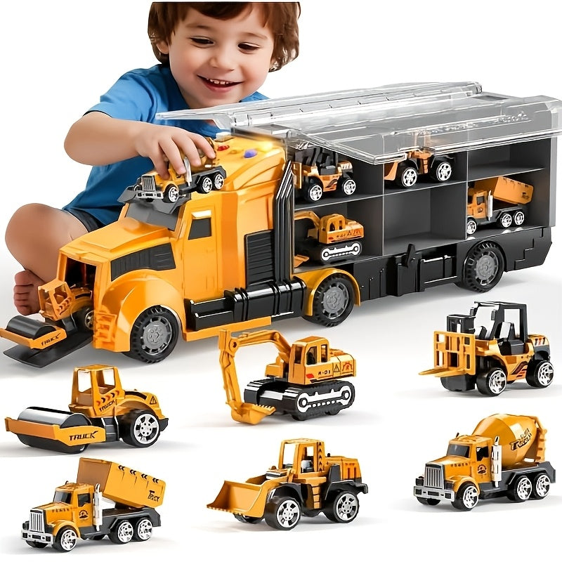 7-in-1 Diecast Construction Truck Toy Set with Excavator and Bulldozer