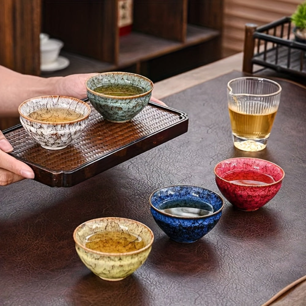 Kung Fu Tea Cups Set of 5 – Handmade Kiln-Fired Jianzhan Ceramic Teacups – Five-Element Design in 5 Colors with Gift Box – Elegant Chinese Tea Ceremony Cup Gift for Business, Friends & Family