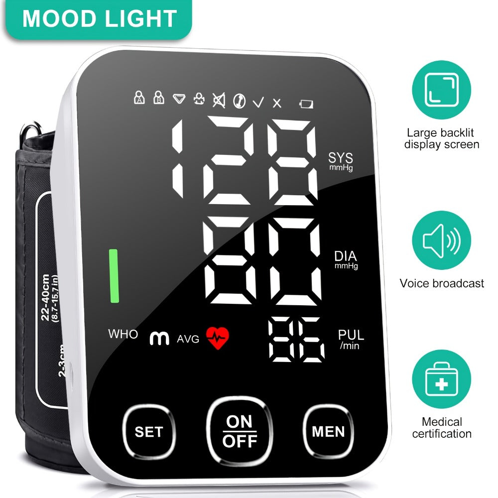 Blood Pressure Monitor Automatic Upper Arm – Large Cuff, 4.5" Backlit Screen, 2×99 Memory, Voice Broadcast, One-Touch BP Machine for Home Use