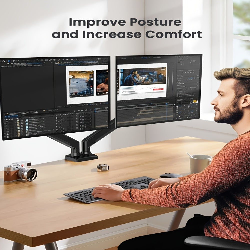 Dual Monitor Stand for 32 Inch Screens, Full Motion Dual Monitor Arm with 180° Swivel Tilt 360° Rotation, VESA 75/100mm, Max 22 lbs Each Arm, Adjustable Height for Home Office Desk Setup