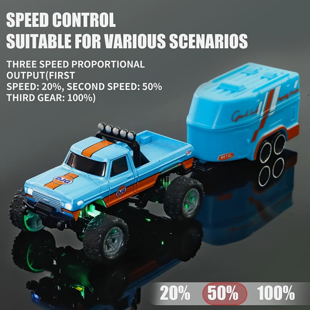 Mini RC Monster Truck, 1:64 Scale Alloy Body with LED Lights, Blue