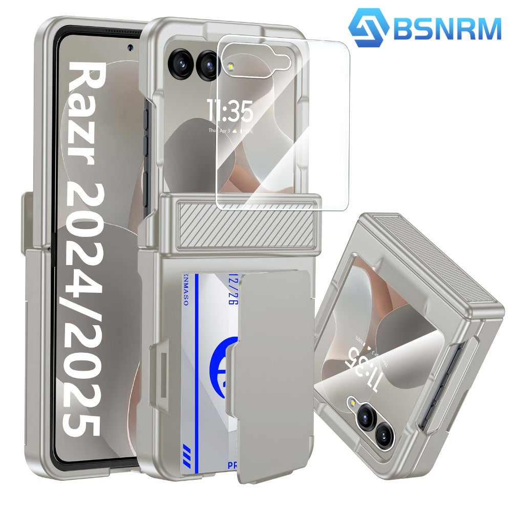 Motorola Razr 2025 2026 Hinge Protector Case with Built-In Screen Protector Card Slot & Lanyard - Shockproof Scratch-Proof Hard PC Flip Phone Cover for Razr 2025 Razr 2026 Complete Protection