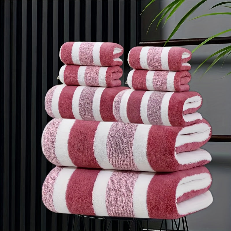 Hotel Towel Set 8 Piece No Hair Loss 280GSM - Five Star Standard Two-Color Striped Super Soft High Absorbency | 2 Bath Towels 2 Face Towels 4 Hand Towels | Grey Red Green | Home Bathroom Spa Gift