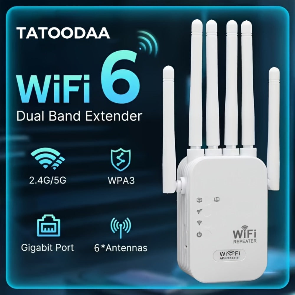 6-Antenna WiFi 6 Range Extender 1200Mbps Dual Band 2.4GHz & 5GHz Mesh Network Booster, One-Click WPS Setup, Full Home Coverage for Smart TV Gaming Console Smartphone Tablet, White