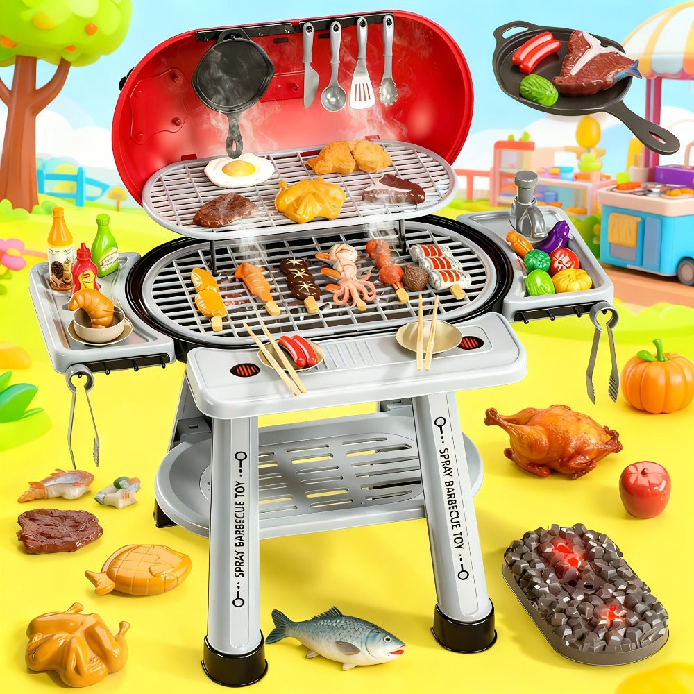 Kids BBQ Grill Playset with Two-Tier Design, Toy Food & Water Tap