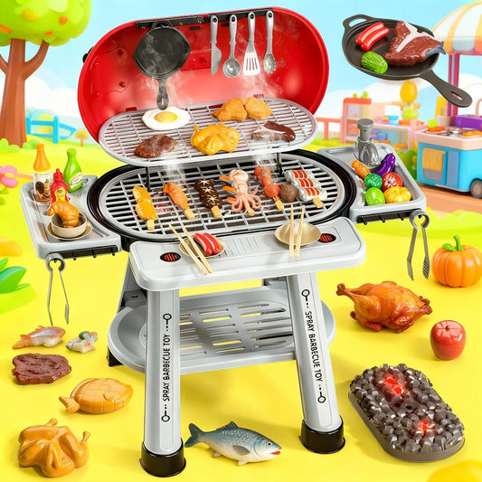 Kids BBQ Grill Playset with Two-Tier Design, Toy Food & Water Tap