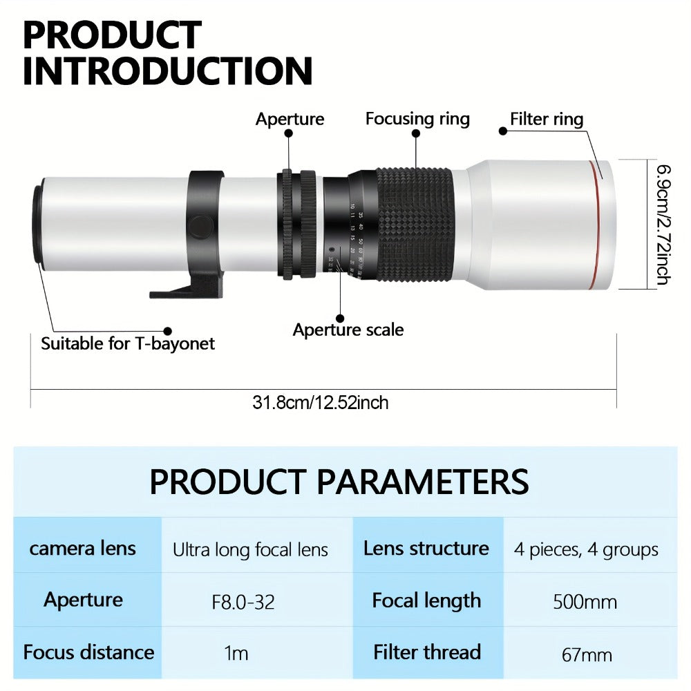 500mm F/8 Manual Focus Telephoto Lens for Canon EF & Nikon F Mount DSLR Cameras - T-Mount Zoom Lens with Adapters, Bird Wildlife Sports Photography