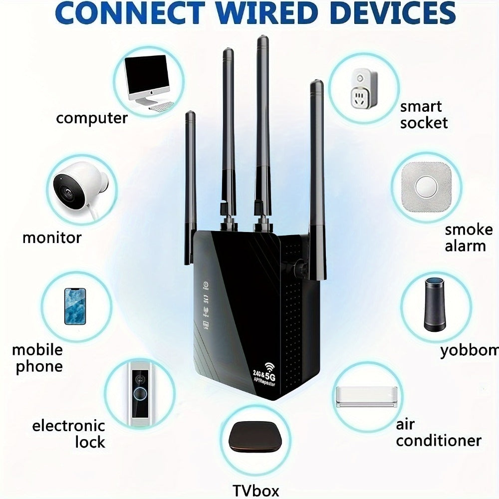 10000 Sq Ft WiFi Extender 1200Mbps 4-Mode - Dual Band 2.4GHz & 5GHz, 4 Antennas 360° Coverage, 6X Signal Boost, Penetrates Walls, 35 Devices, Repeater Access Point Router WISP, 1-Tap Setup, Black