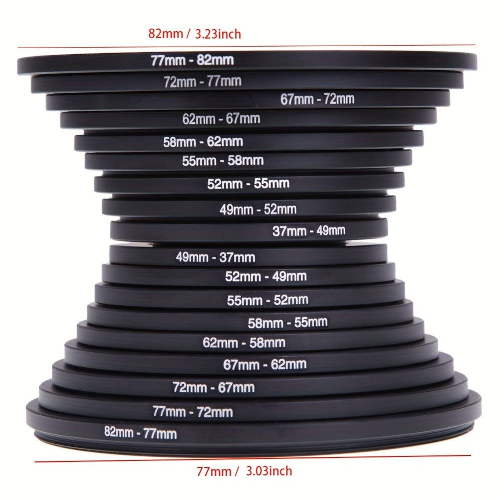 Step-Up Step-Down Lens Filter Adapter Rings 18pcs Set for DSLR Camera 37-82mm Aluminum Alloy Filter Ring Kit Compatible with Canon Nikon Sony Lenses