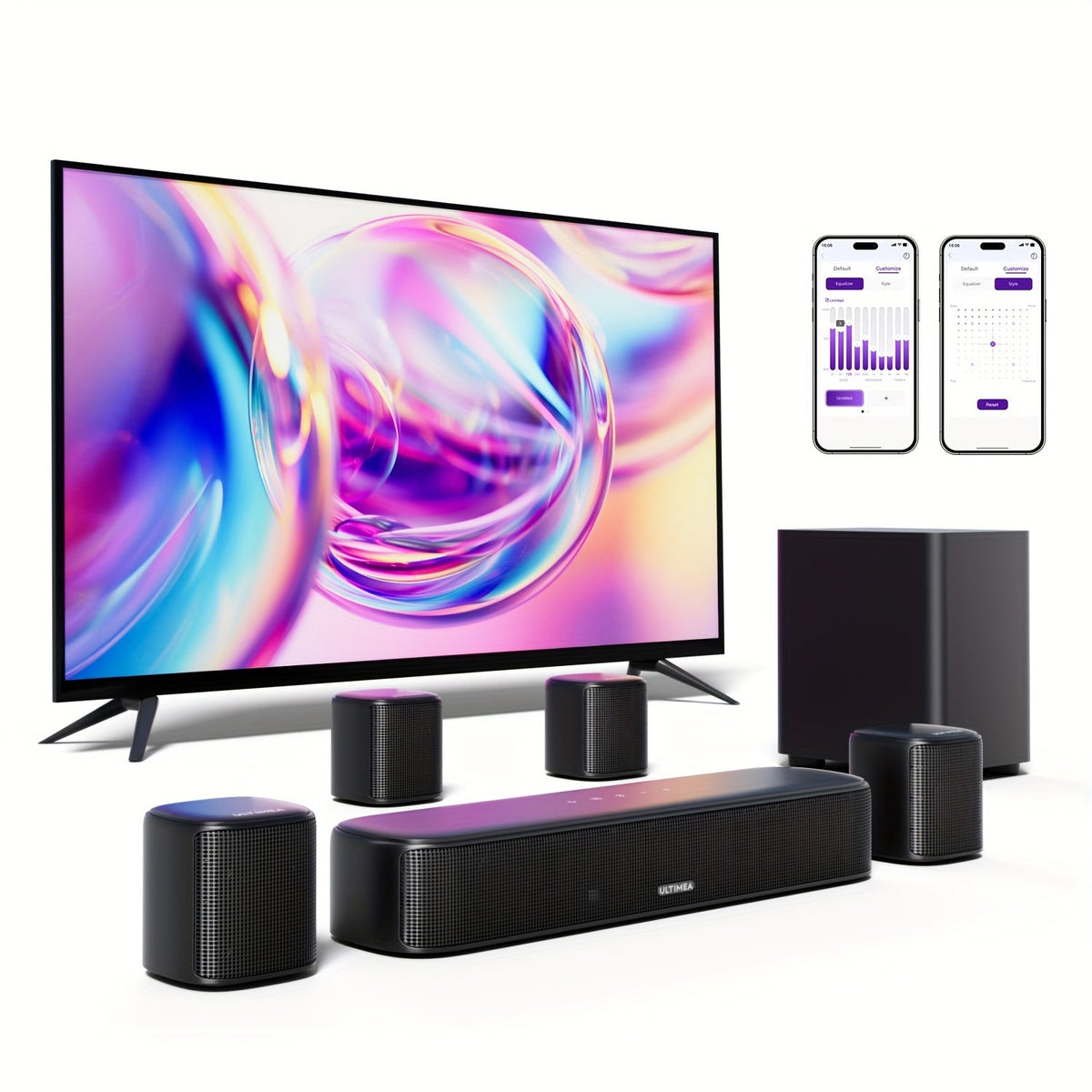 5.1 Surround Sound Bar System with Wired Subwoofer 2 Surround Speakers App Control SurroundX Technology 6 EQ Modes Optical AUX Home Theater TV Soundbar for Smart TV