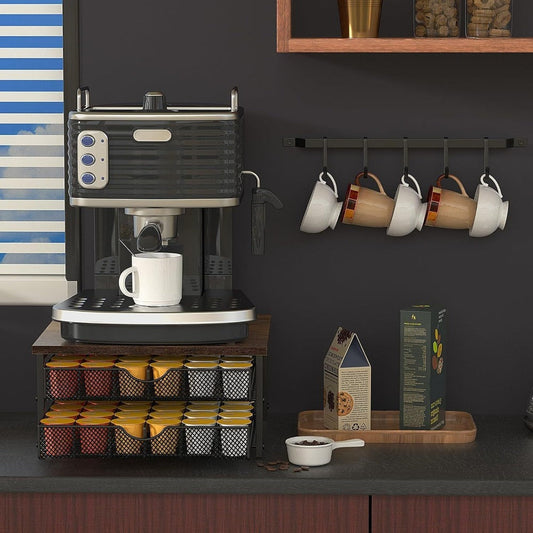 K-Cup Coffee Pod Holder, 72-Pod Capacity, 2 Sliding Drawers with Wood Top, Silver