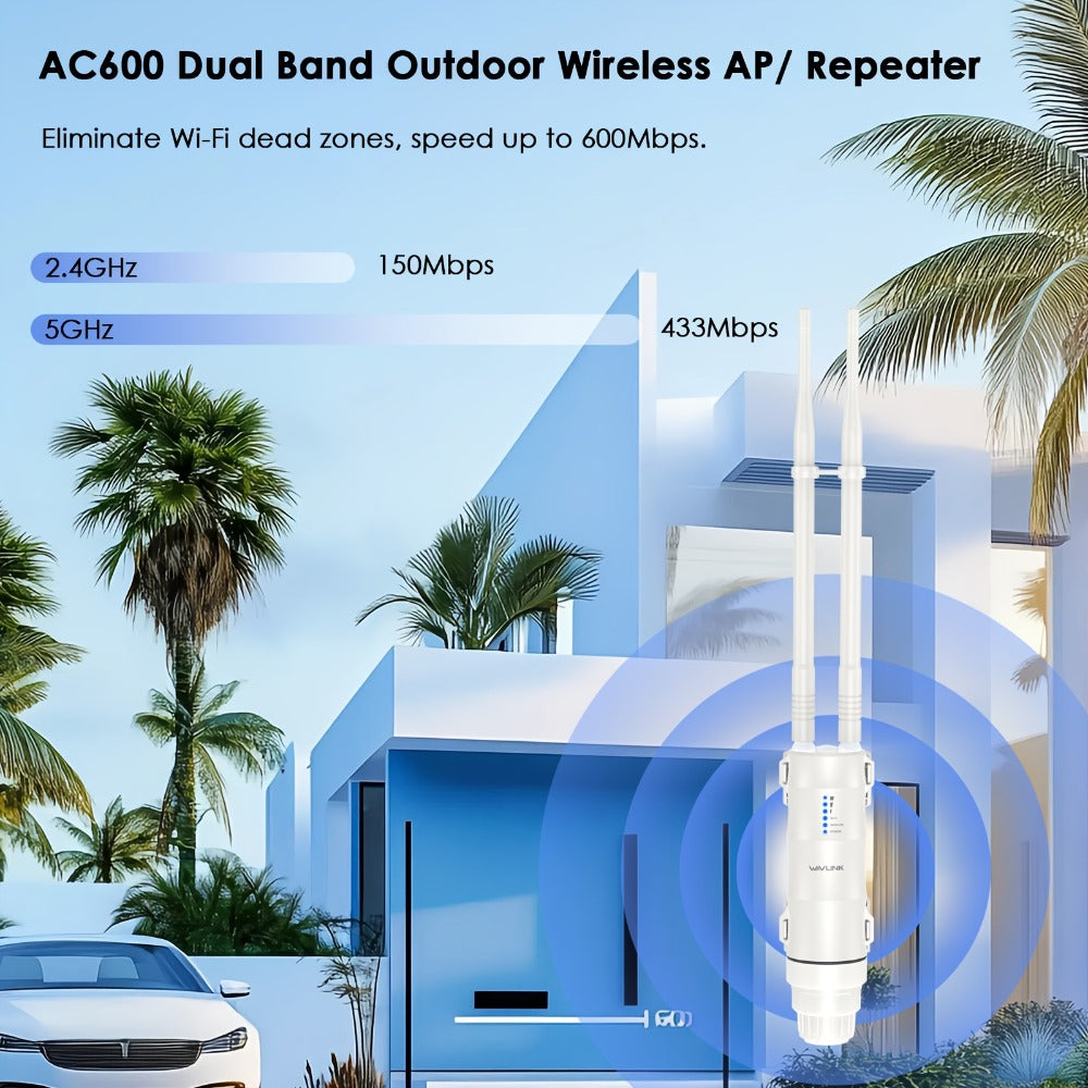 Outdoor WiFi Access Point Long Range AC600 Dual Band – Wavlink WN570HA1 CPE with 7dBi Antenna, 1000mW High Power, Passive PoE, AP/Repeater/WISP Modes for Surveillance & Wireless Bridge