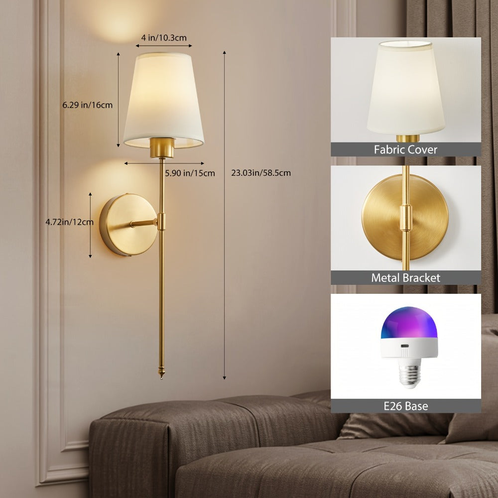 Rechargeable Wall Sconce 2-Pack RGB – 15-Color Dimmable LED Wall Light with Remote Control, 5200mAh Battery, No Wiring for Bedroom, Living Room, Kitchen & Corridor (Gold / Black)