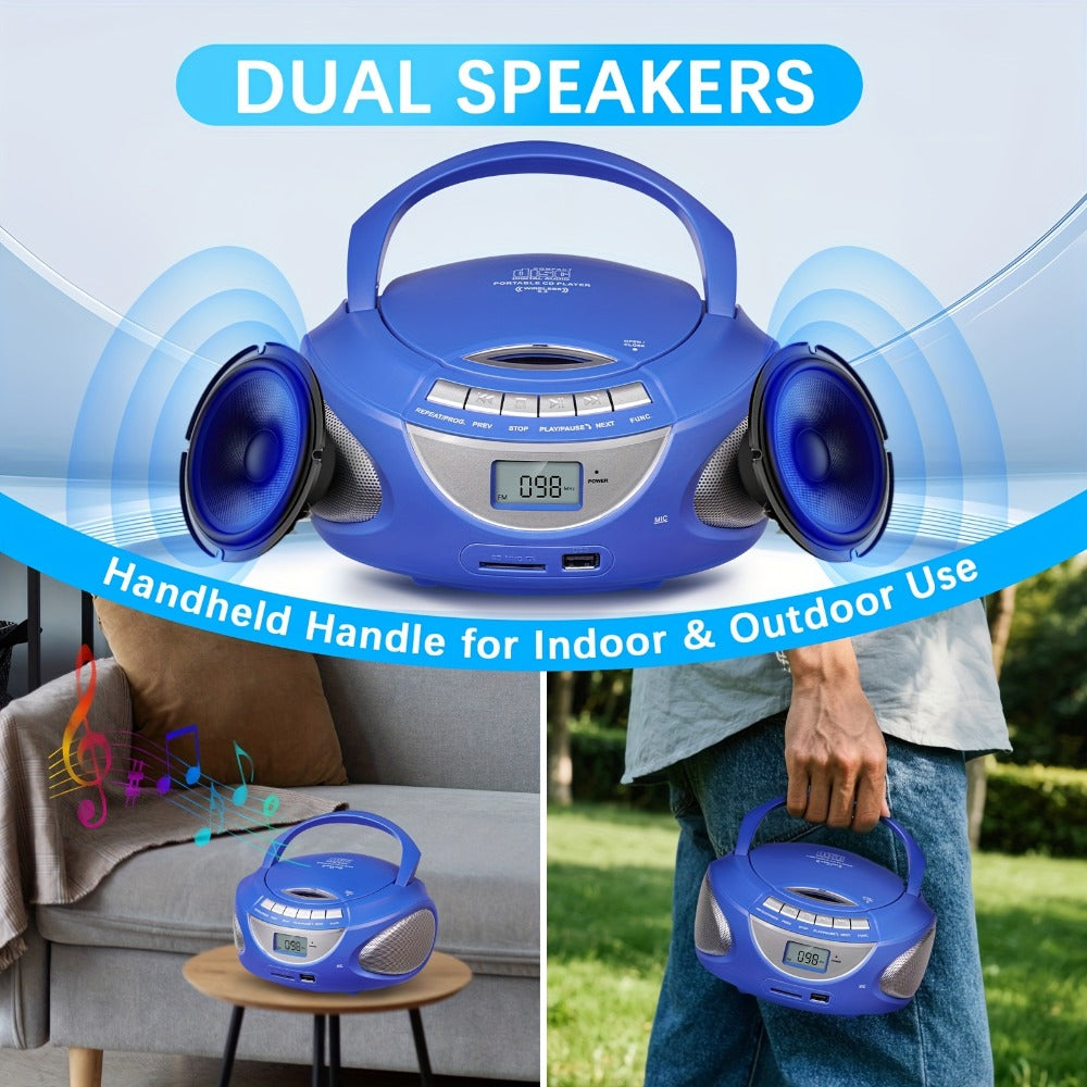 Portable CD Player Boombox with AM FM Radio Dual Stereo Speakers, Aux Input USB TF Card MP3 Player, Earphone Jack, A-B Repeat, Plug & Play 120V, Multi-Function Home & Outdoor CD Boombox