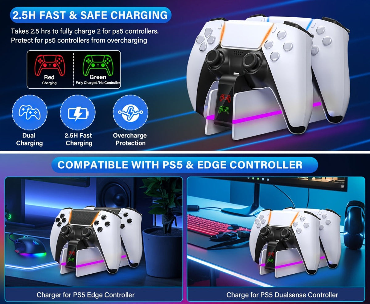 PS5 Controller Charging Station 9-Color LED Light Fast Charging Dock for DualSense & DualSense Edge - Compatible with PS5 Slim Pro All Models