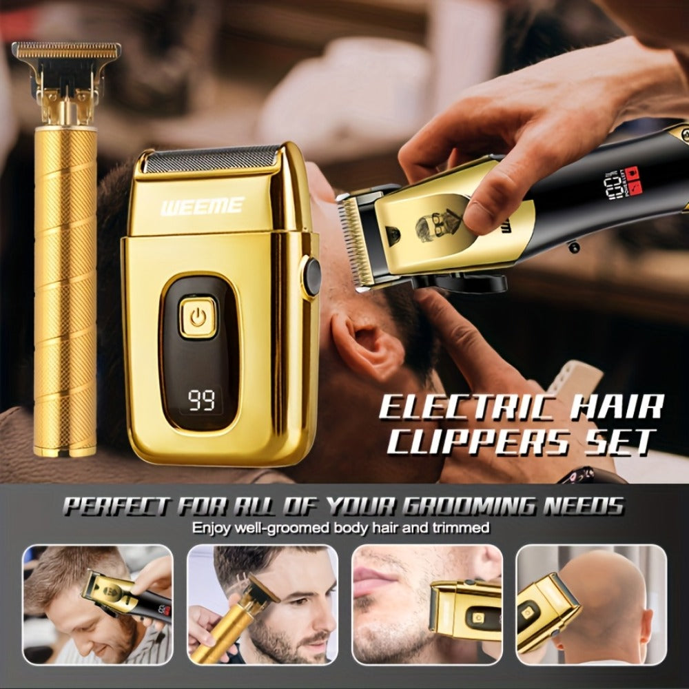 USB Rechargeable Hair Clipper Set for Men — WEEME Electric Razor & T-Blade Trimmer Kit with 8 Limit Combs, 2/3-Piece in Golden, Blue & Black, Valentine's Day & Birthday Grooming Gift