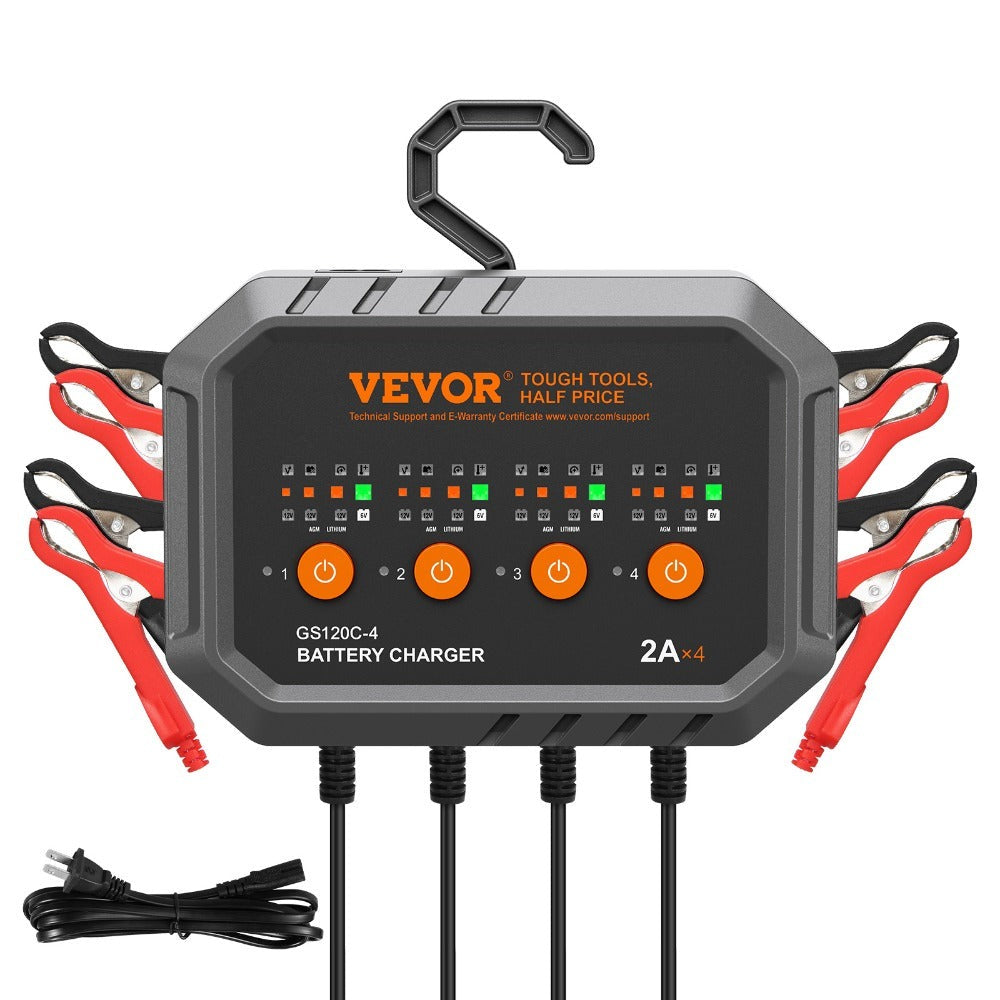 Smart Battery Charger 8A VEVOR Intelligent Charger & Maintainer for LiFePO4, AGM, Gel, SLA & Lead-Acid Batteries – 6V/12V Auto Charger for Car, Boat, Motorcycle, Lawn Mower & Golf Cart, 4-Bank Charging