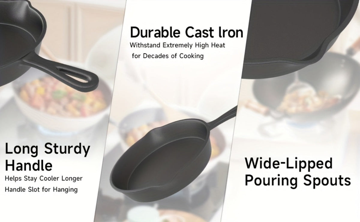 Cast Iron Skillet Set 3pcs - Non-Stick with Drip Spout, Pre-Seasoned Cookware for Holiday Cooking RV Campfire Outdoor Grilling, Heavy Duty Kitchen Frying Pan Set