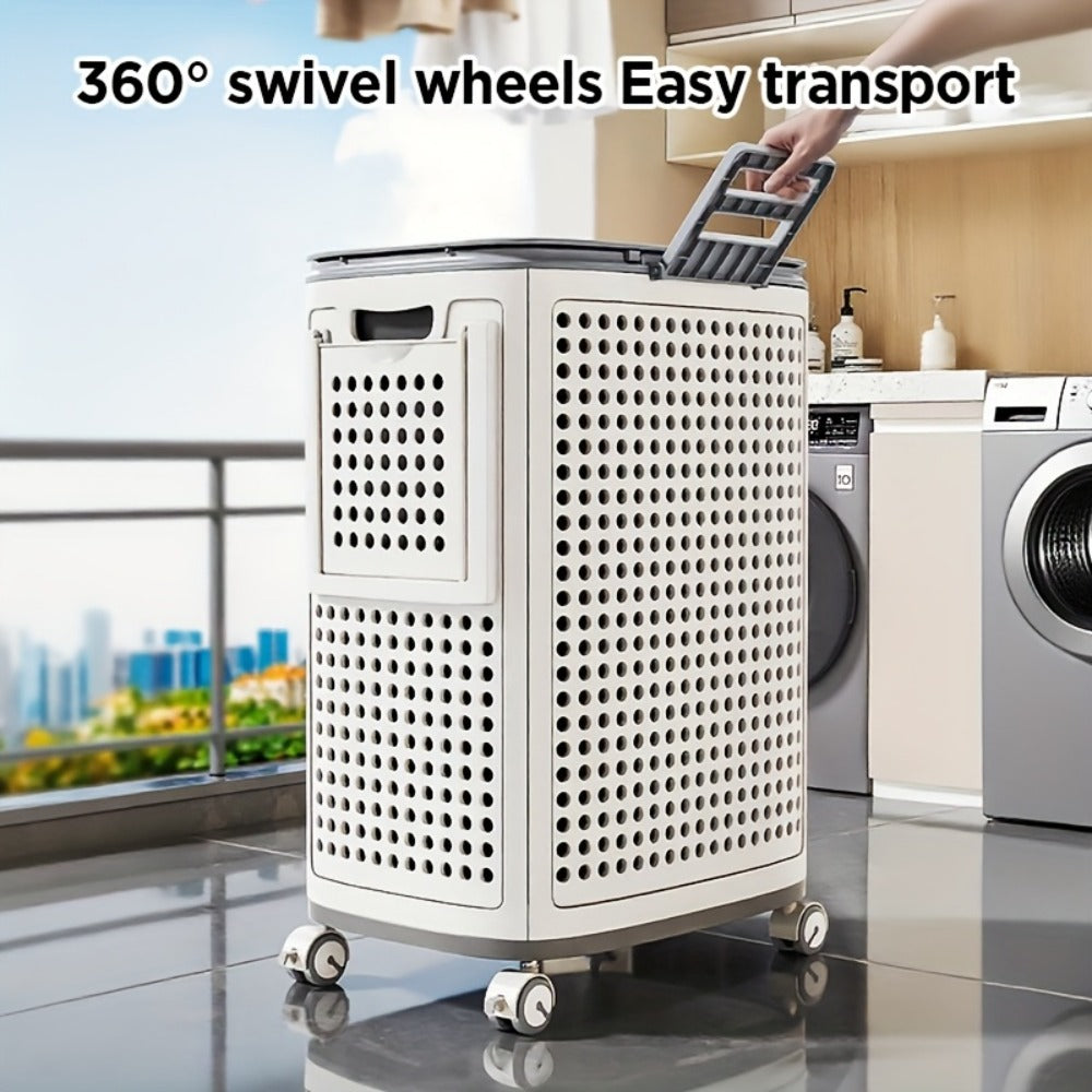 Wheeled Laundry Hamper Large Foldable with Dividers & Dust-Proof Lid – 360° Breathable Mesh Basket on Wheels, Reinforced Steel Base, Portable Clothes Organizer for Bedroom, Bathroom & Dorm