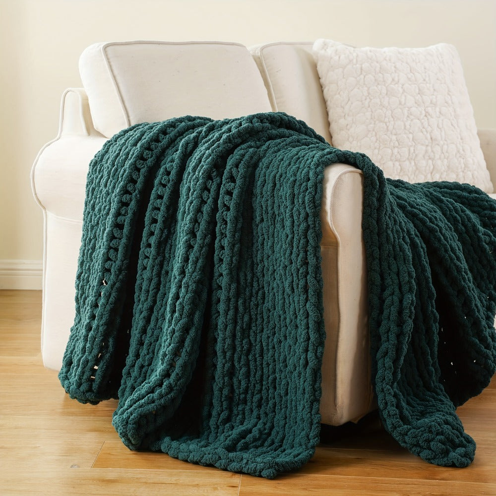 Chunky Chenille Cable Knit Throw Blanket – 350-400gsm Soft Warm Crochet Throw for Sofa, Bed & Couch, Vintage Patchwork, 14 Colors