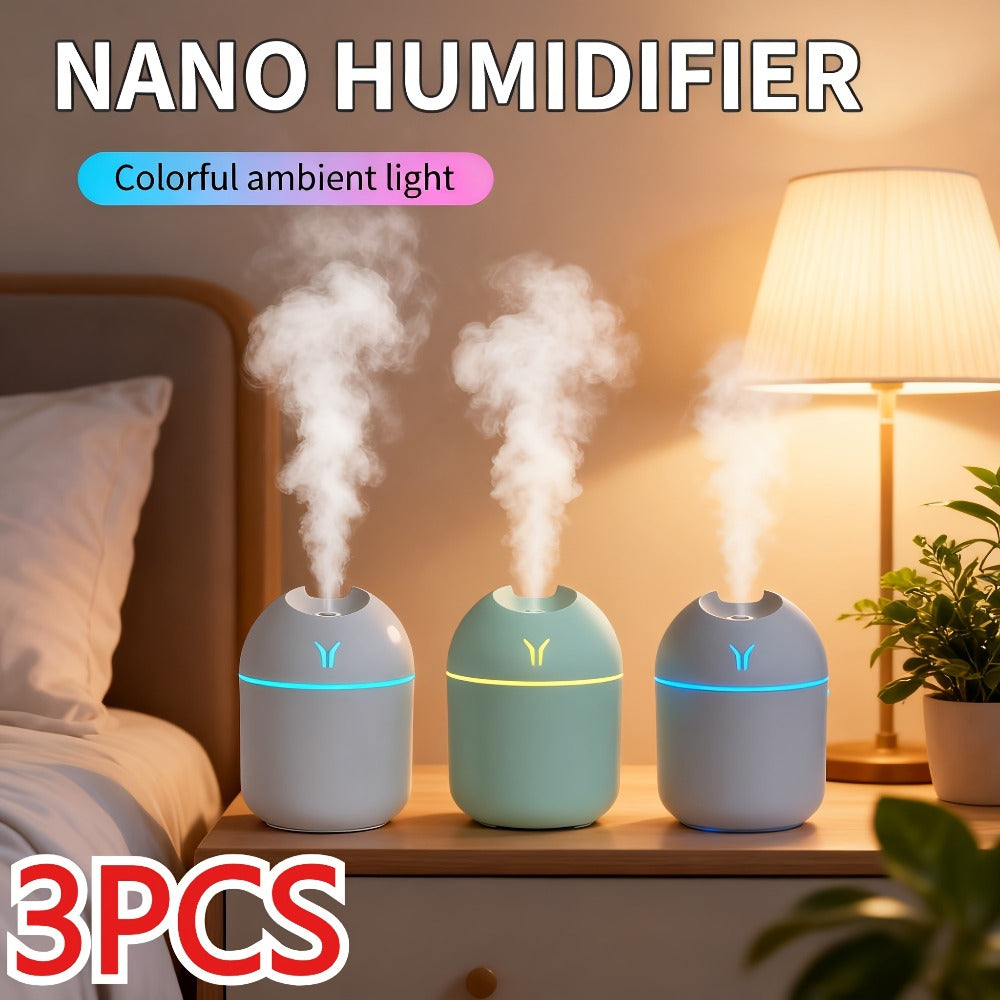 Aroma Diffuser Humidifier USB Mini – 3 Pack Cool Mist with Color Night Light, Portable for Bedroom, Car, Home & Dorm, Keeps Air Fresh & Plants Healthy, Gift for Men & Women (White+Blue+White)