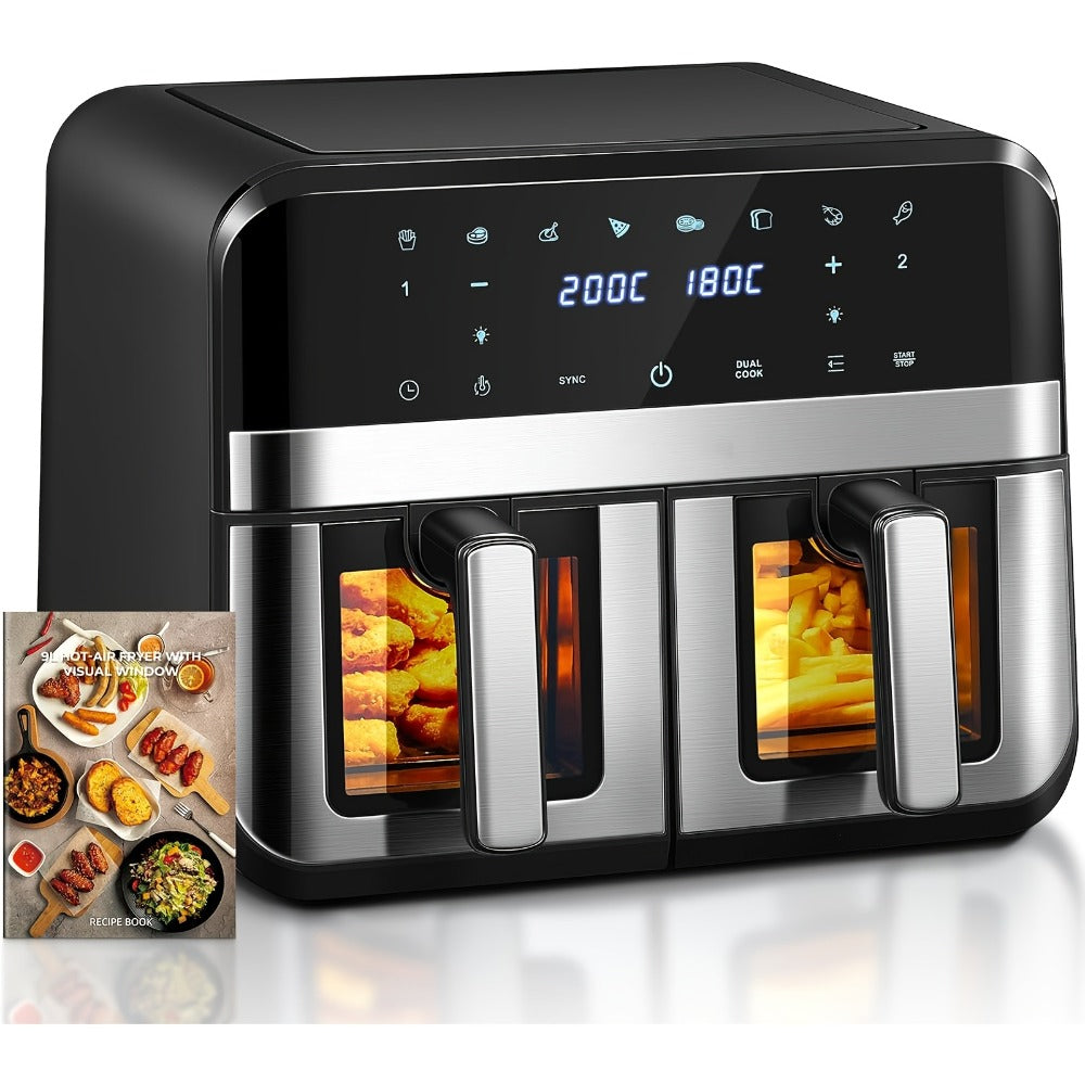 Dual Basket Air Fryer 9.5Qt – 2x4.75Qt Independent Zones, Smart Finish Match Cook, 2400W, 8 Presets, Air Fry Roast Bake Grill, Energy Saving Family-Size Double Basket Air Fryer