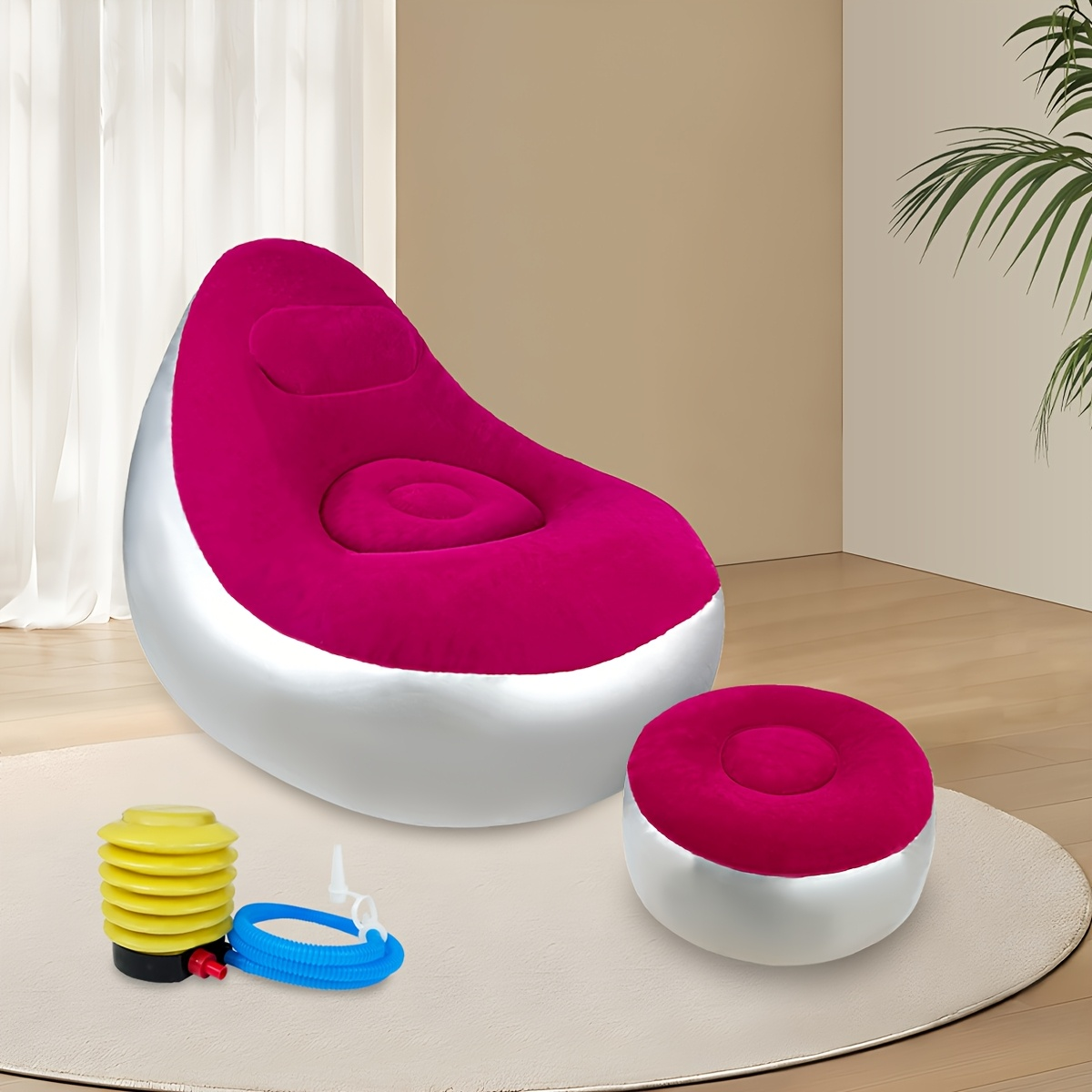 Inflatable Recliner Sofa with Footstool Set - Heavy Duty Portable Folding Air Couch with Plush Fabric & Pump Included, Space-Saving Indoor Outdoor Lounge Chair for Camping, Backyard, Living Room & Travel, 6 Colors Available
