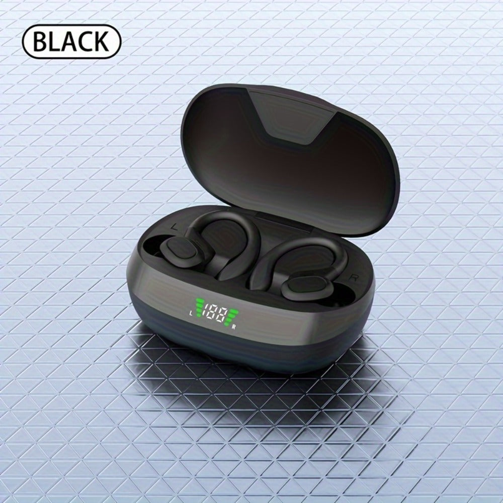 Sport Ear Hook Wireless Earbuds Bluetooth 5.4, Open-Ear Sports Earphones with Mic, 24H Playtime, LED Display Charging Case, Running Fitness Earbuds for Men Women, Black