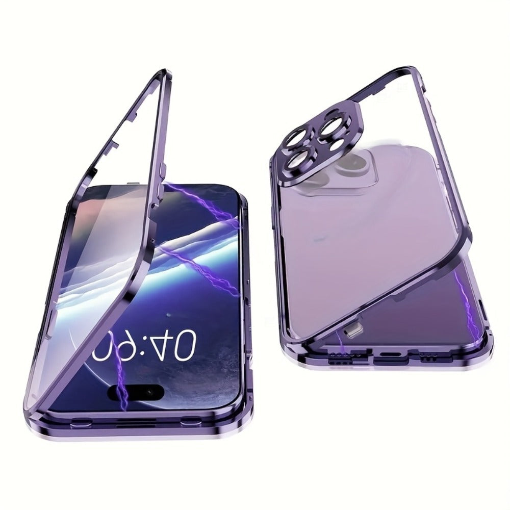 Clear Back Privacy iPhone Case with Metal Frame & Magnetic Double-Sided Tempered Glass – Anti-Peep Anti-Spy Transparent Cover for iPhone 12 13 14 15 16 Pro Max Plus, Wireless Charging Compatible