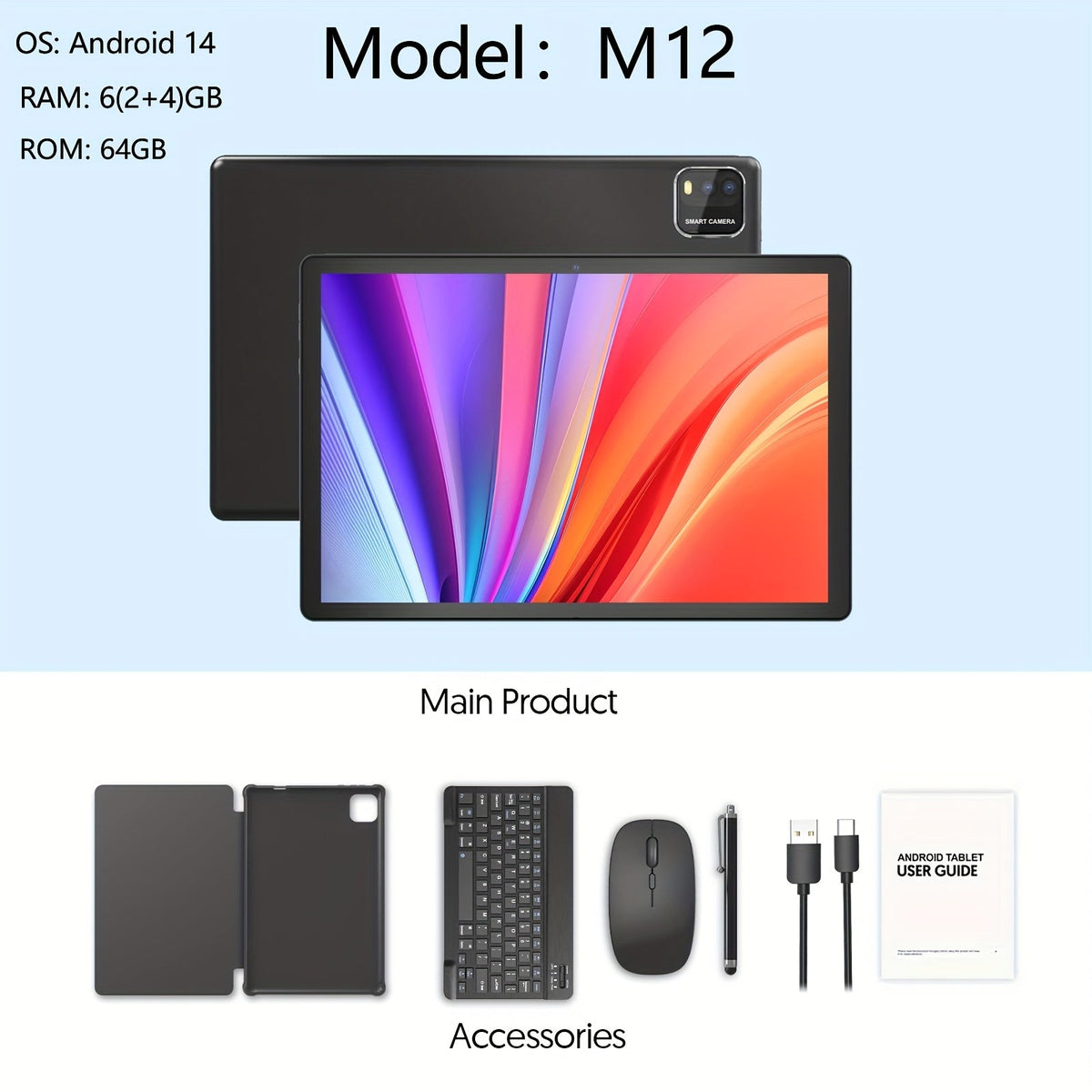 10 Inch 2-in-1 Android Tablet with Keyboard, 64GB ROM 6000mAh Battery, Quad-Core WiFi Tablet with Optional Keyboard Case Mouse & Stylus, 2MP+8MP Dual Camera, 1TB Expandable Storage