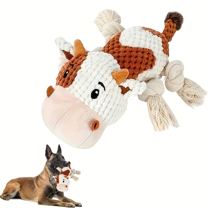 Squeaky Plush Cow Dog Toy with Crinkle Paper - Interactive Tug of War Chew Toy for Small Medium Large Dogs, Cute Cattle Design Washable Pet Toy for Fetch Play & Anxiety Relief