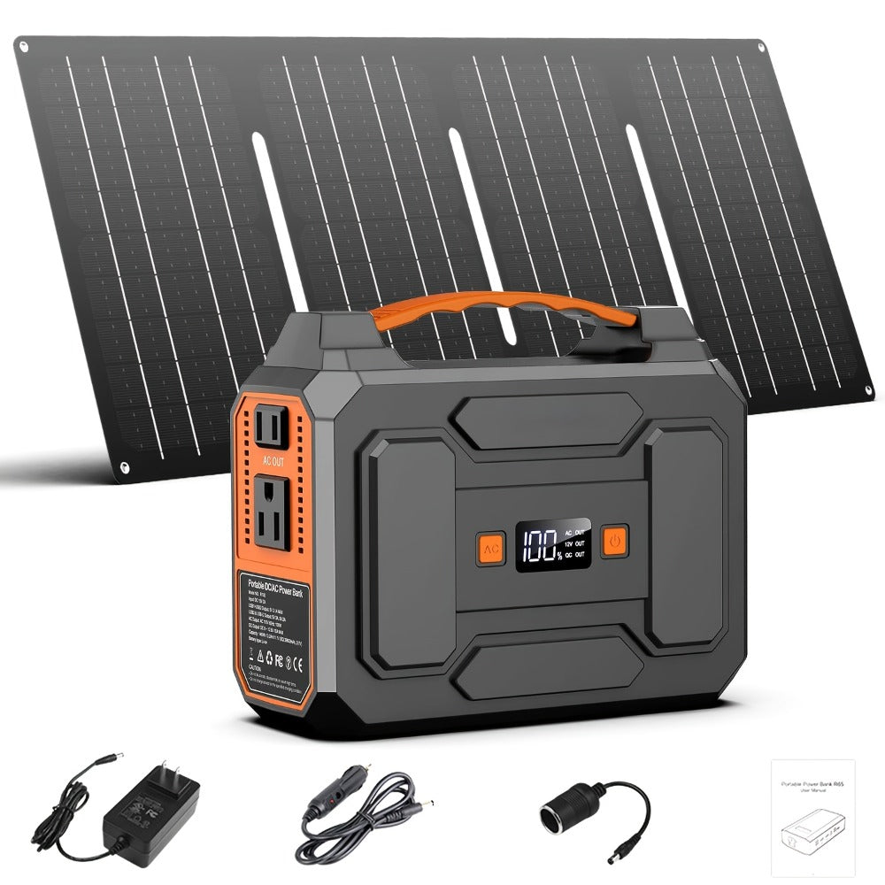 100W 146Wh Portable Power Station Solar Generator with 40W Foldable Solar Panel, 146Wh Backup Battery for Camping Hiking RV Emergency, AC DC USB USB-C Output, LED Flashlight, Fast US Shipping