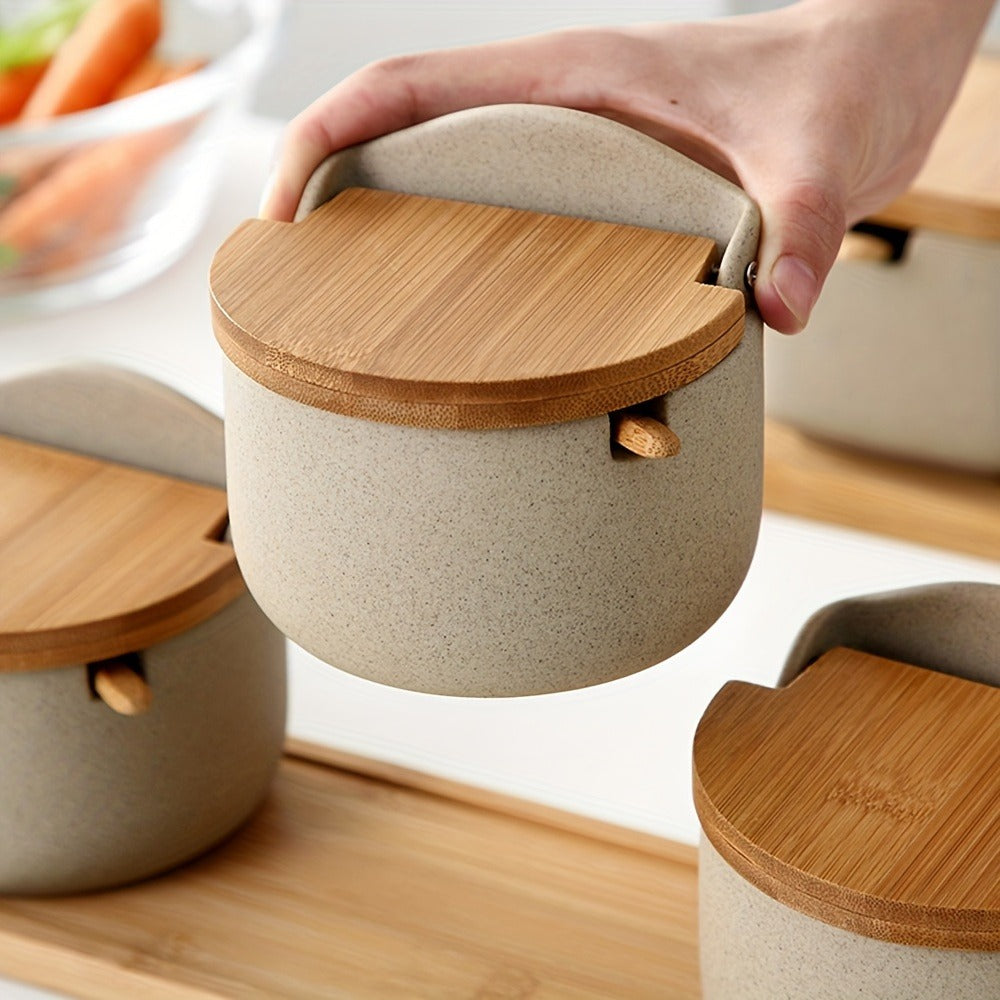Ceramic Seasoning Pot Set with Lid & Spoon – Salt Pepper Spice Jar Container with Tray Kitchen Condiment Storage Organizer for Counter Cooking Accessories Housewarming Gift