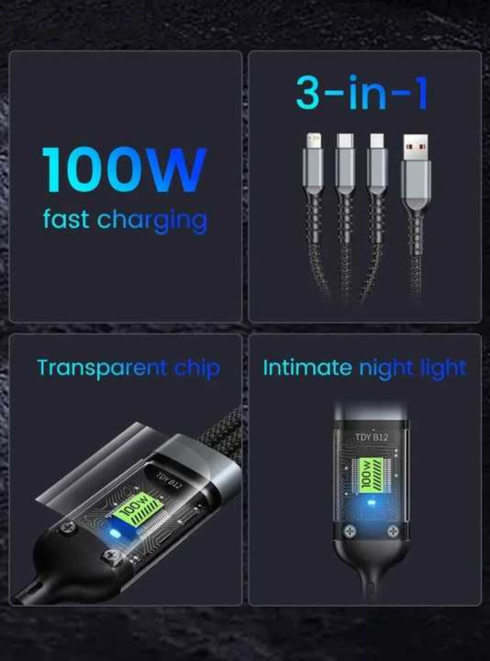 MFi Certified 3-in-1 Charging Cable 100W Fast Charge 4/8 Pack – 1.2m Nylon Braided USB Cable Type-C Micro USB Lightning for iPhone iPad Samsung Android, Multi Connector Multi Pack Phone Charger Cord