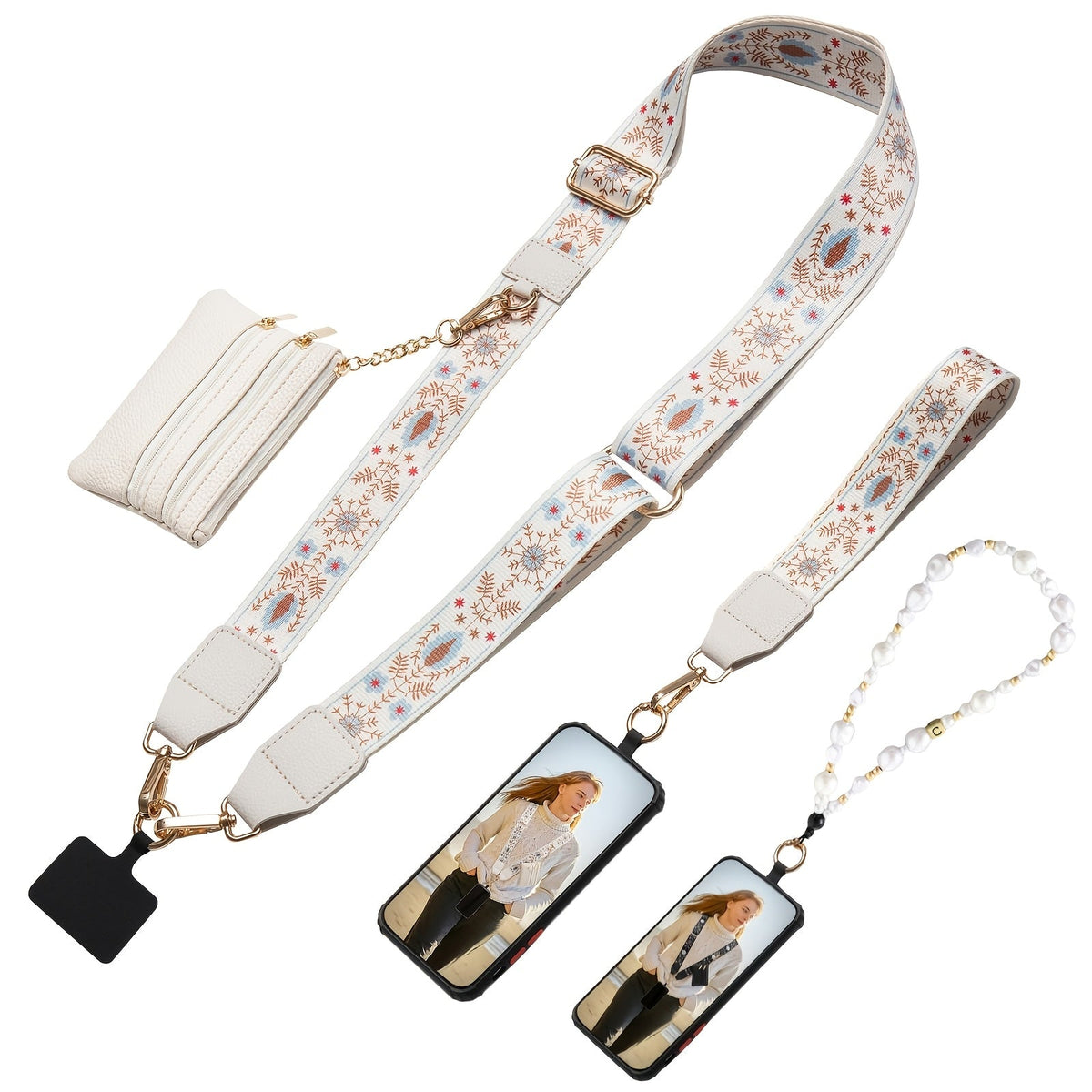 Phone Lanyard Crossbody Strap with Zipper Pouch & Beaded Charm Adjustable Hands-Free Cell Phone Shoulder Strap – Universal Fit for Most Smartphones Women Teens Travel Daily