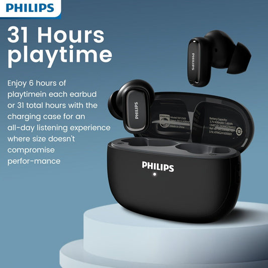 Philips TAT2569 Active Noise Reduction Wireless Earbuds, Dual Beamforming Mics 18H Playtime Bluetooth 5.4, Touch Control Secure Sport Fit Type-C Charging, Compatible with iPhone Android, Gift for Men Women