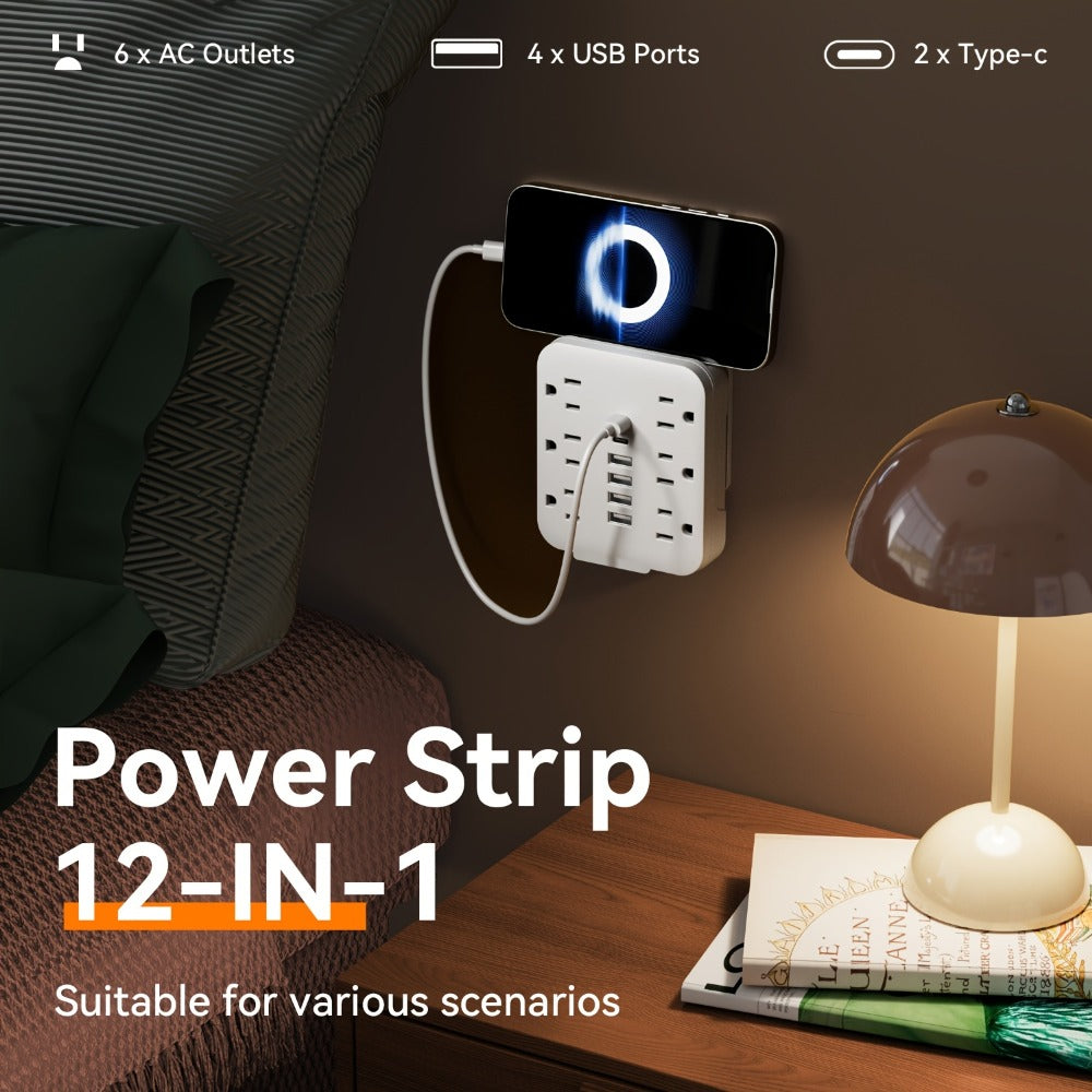 Wall Power Strip 12-in-1 with 6 AC Outlets & 6 USB Ports (2 USB-C) – Compact Space-Saving Plug, 110-130V US Plug for Home & Office – White & Black