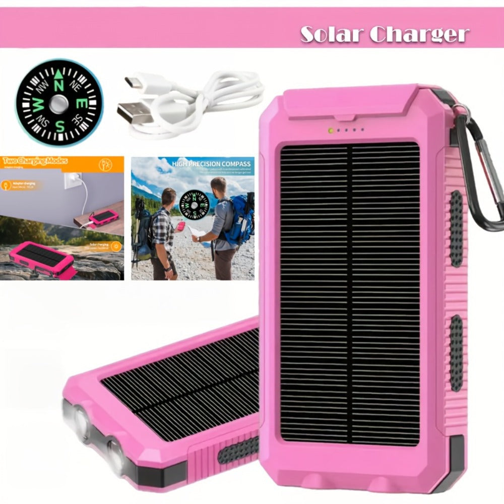 Hiking Solar Power Bank 10000mAh with Compass LED Flashlight & Carabiner Clip – Portable USB Charger for Camping Backpacking Travel Emergency Prep – Works with All Phones, Data Cable & Backpack Hook Included